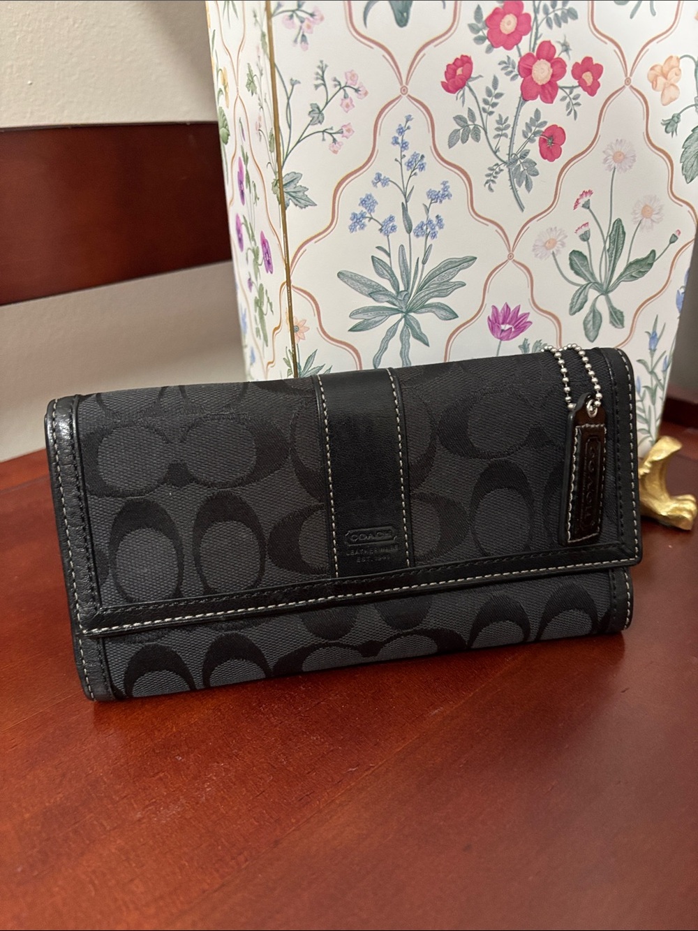 Coach Black Signature Canvas Trifold Wallet with Leather Trim